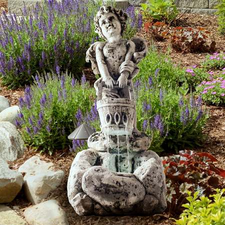 PURE GARDEN Outdoor Water Fountain, LED Lights, Lighted Cherub Angel Fountain, Antique Stone Design 50-0010